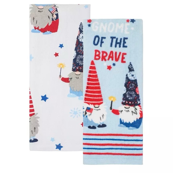 Set of 2 Gnome of the Brave Patriotic Kitchen Towels USA Red White Blue Flags - Picture 2 of 6